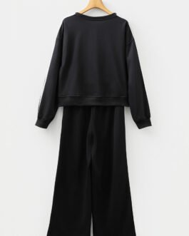 Black Varsity Striped Detail Crewneck Pullover Elastic Sweatpants 2pcs Outfit