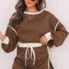 Coffee Color Contrast Loose Pullover and Lace-up Waist Skort Set