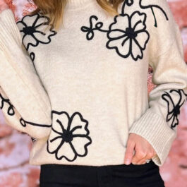 Beige Flower Stitching Mock Neck Sweater