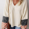Beige Floral Patchwork Textured Knit Drawstring V Neck Blouse