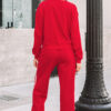 Fiery Red Varsity Striped Detail Crewneck Pullover Elastic Sweatpants 2pcs Outfit