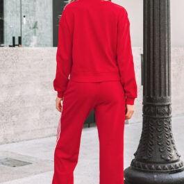 Fiery Red Varsity Striped Detail Crewneck Pullover Elastic Sweatpants 2pcs Outfit