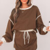 Coffee Color Contrast Loose Pullover and Lace-up Waist Skort Set