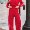 Fiery Red Varsity Striped Detail Crewneck Pullover Elastic Sweatpants 2pcs Outfit