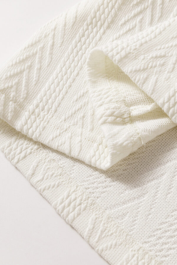 Beige Floral Patchwork Textured Knit Drawstring V Neck Blouse