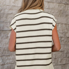 Brown Stripe Side Slits Crewneck Short Sleeve Sweater Tee