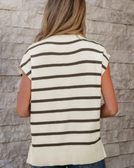 Brown Stripe Side Slits Crewneck Short Sleeve Sweater Tee