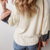 Beige Floral Patchwork Textured Knit Drawstring V Neck Blouse
