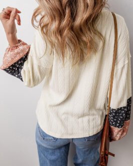 Beige Floral Patchwork Textured Knit Drawstring V Neck Blouse