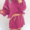 Rose Red Color Contrast Loose Pullover and Lace-up Waist Skort Set