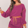 Rose Red Color Contrast Loose Pullover and Lace-up Waist Skort Set