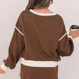 Coffee Color Contrast Loose Pullover and Lace-up Waist Skort Set