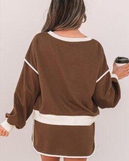 Coffee Color Contrast Loose Pullover and Lace-up Waist Skort Set