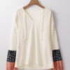 Beige Floral Patchwork Textured Knit Drawstring V Neck Blouse