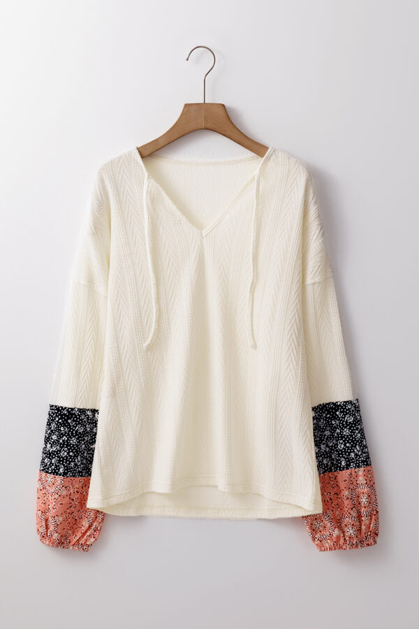 Beige Floral Patchwork Textured Knit Drawstring V Neck Blouse
