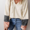 Beige Floral Patchwork Textured Knit Drawstring V Neck Blouse