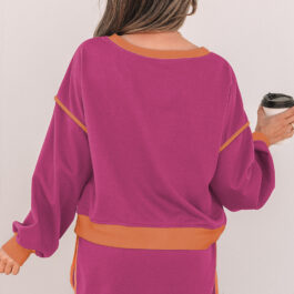 Rose Red Color Contrast Loose Pullover and Lace-up Waist Skort Set