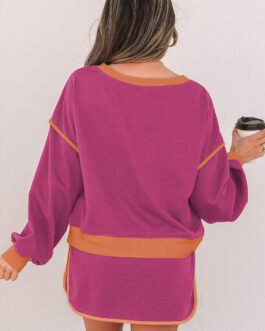 Rose Red Color Contrast Loose Pullover and Lace-up Waist Skort Set