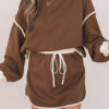 Coffee Color Contrast Loose Pullover and Lace-up Waist Skort Set