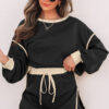 Black Color Contrast Loose Pullover and Lace-up Waist Skort Set