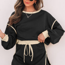Black Color Contrast Loose Pullover and Lace-up Waist Skort Set