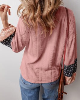Dusty Pink Floral Patchwork Textured Knit Drawstring V Neck Blouse
