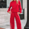 Fiery Red Varsity Striped Detail Crewneck Pullover Elastic Sweatpants 2pcs Outfit