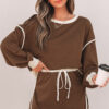 Coffee Color Contrast Loose Pullover and Lace-up Waist Skort Set