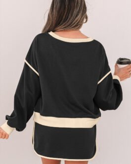 Black Color Contrast Loose Pullover and Lace-up Waist Skort Set