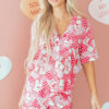Pink Heart Print Shirt Style Silky Short Pajama Set