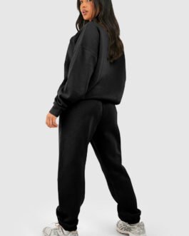 Black Plain Half Zip V Neck Ribbed Edge Loose Tracksuit