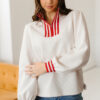 White Textured Knit Contrast Striped Accent Zipped Collar Pullover Top