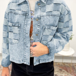 Beau Blue Denim Checkered Pattern Patchwork Womens Casual Jacket
