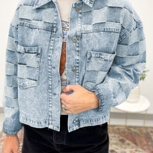 Beau Blue Denim Checkered Pattern Patchwork Womens Casual Jacket