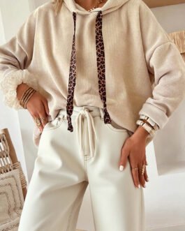 Parchment Thermal Textured Leopard Drawstring Baggy Hoodie