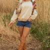 Light French Beige Aztec Patchwork Raglan Pullover Sweatshirt