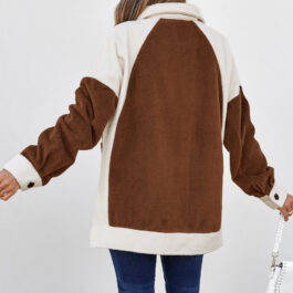 Brown Color Block Patchwork Button Down Fleece Shacket