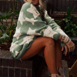 Green Sherpa Star Pattern Textured Sweater Cardigan with Pockets