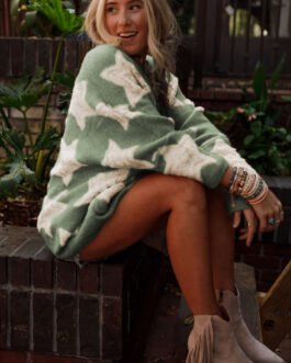 Green Sherpa Star Pattern Textured Sweater Cardigan with Pockets