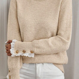 Jet Stream Lace Trim Patchwork Buttoned Cuffs Loose Sweater