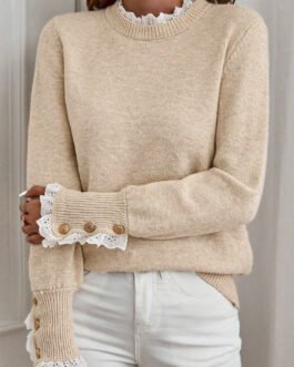 Jet Stream Lace Trim Patchwork Buttoned Cuffs Loose Sweater