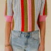 Multicolour Striped Pointelle Knit Short Sleeve Sweater