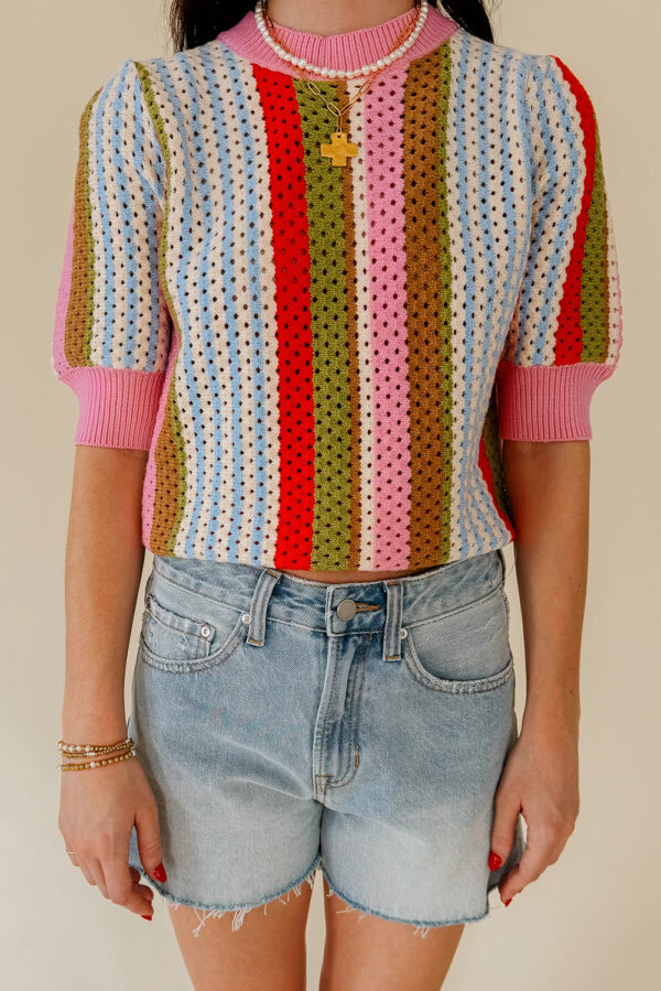 Multicolour Striped Pointelle Knit Short Sleeve Sweater