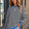 Rose Stripe Contrast Ribbed Trim Crossed Stitch Drop Shoulder Sweatshirt
