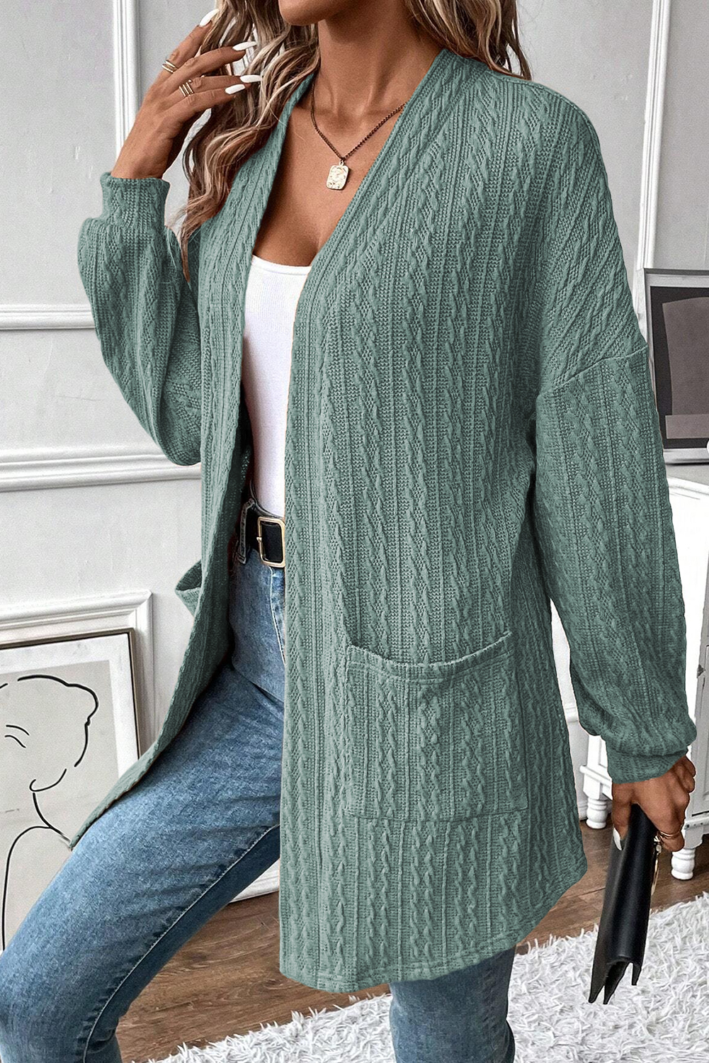 Canton Textured Knit Side Pockets Open Front Cardigan - Image 3