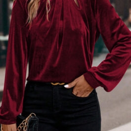 Red Dahlia Asymmetric Button Keyhole Neck Long Sleeve Velvet Blouse