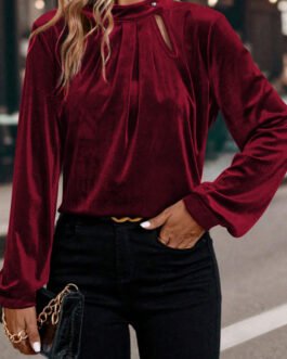 Red Dahlia Asymmetric Button Keyhole Neck Long Sleeve Velvet Blouse