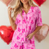 Pink Bow Print Half Sleeve Shirt and Shorts Pajamas Set
