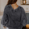 Four Leaf Clover Mineral Wash V Neck Knit Exposed Seam Drop Shoulder Loose Sweater