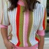 Multicolour Striped Pointelle Knit Short Sleeve Sweater